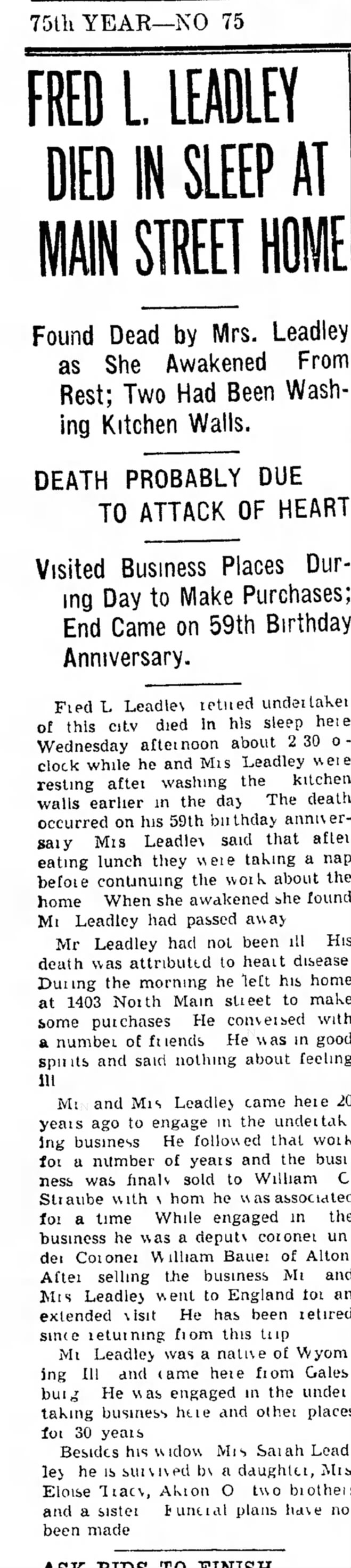 March 30, 1938
Fred Leadley Obituary