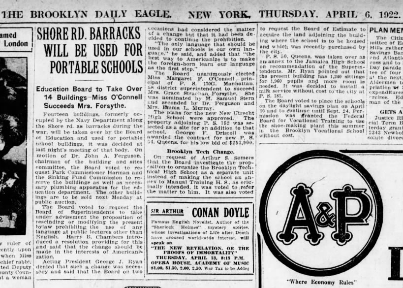 BTHS, Brooklyn Daily Eagle, April 6, 1922