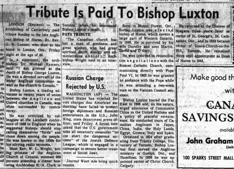 Bishop G N Luxton Obit 5 Oct 1970