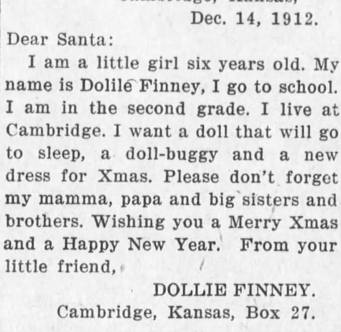 aunt dolly's letter to santa; 12/16/1912 in the Winfield Free Press