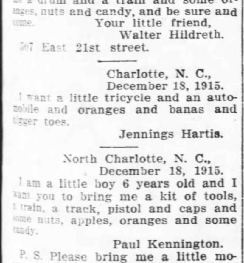 The Charlotte News Dec. 19,1915 what do you want from Santa little boy