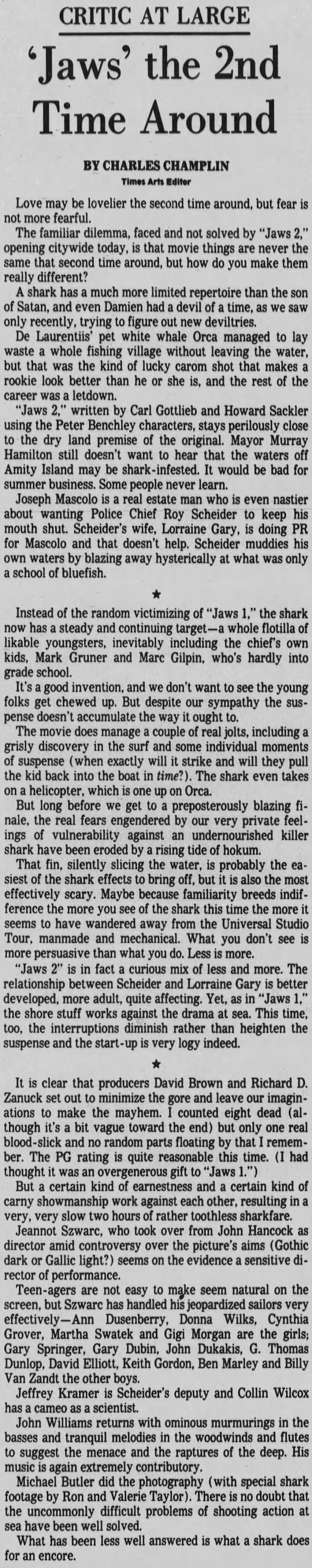 Los Angeles Times Movie Review—JAWS 2 (06-16-78)