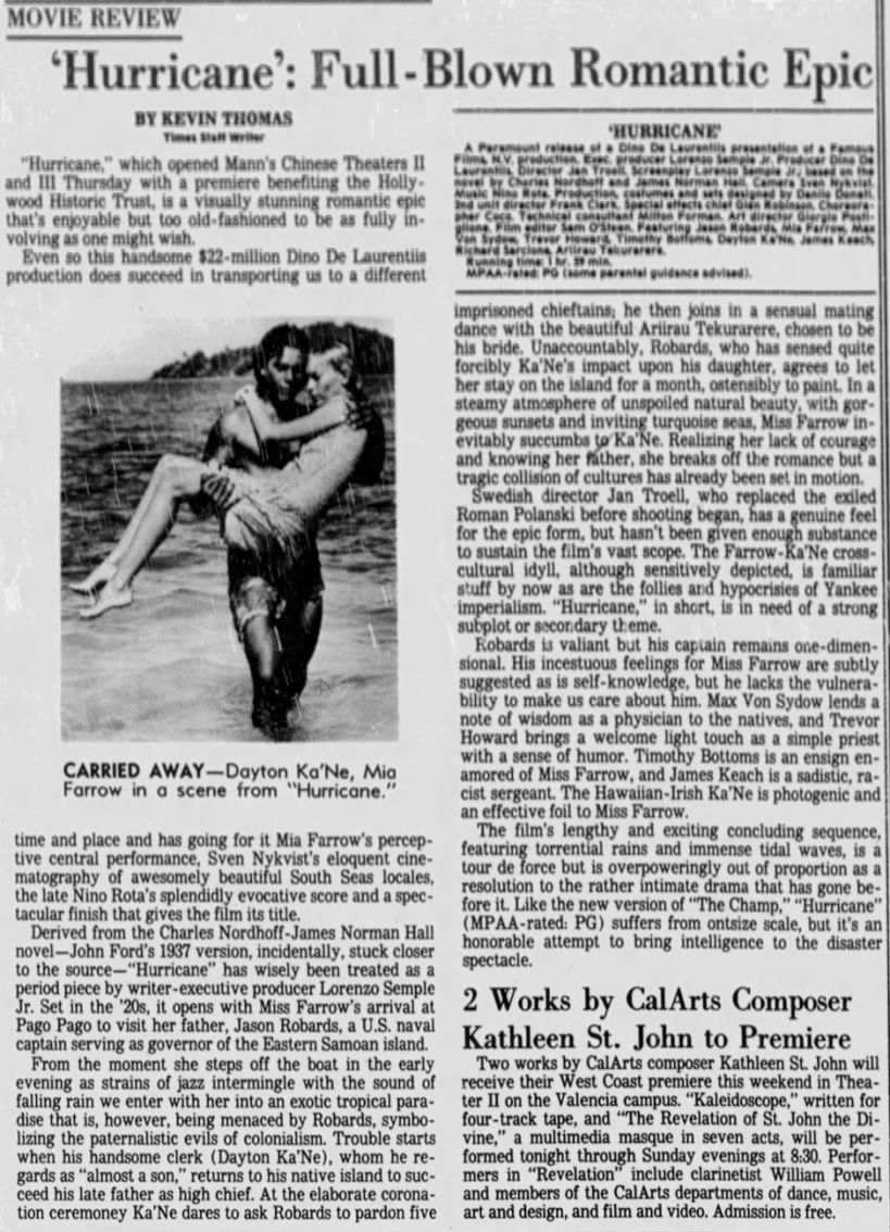 Los Angeles Times: Movie Review—HURRICANE + CalArts Composer Debuts Two Works (04-13-79)