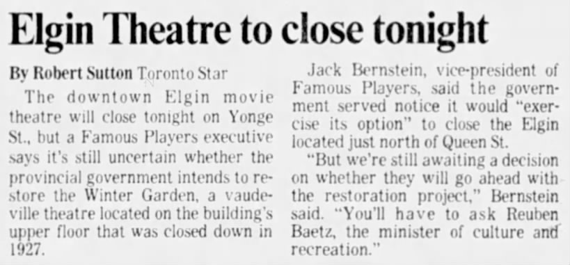 Closure of Elgin Theatre in Toronto