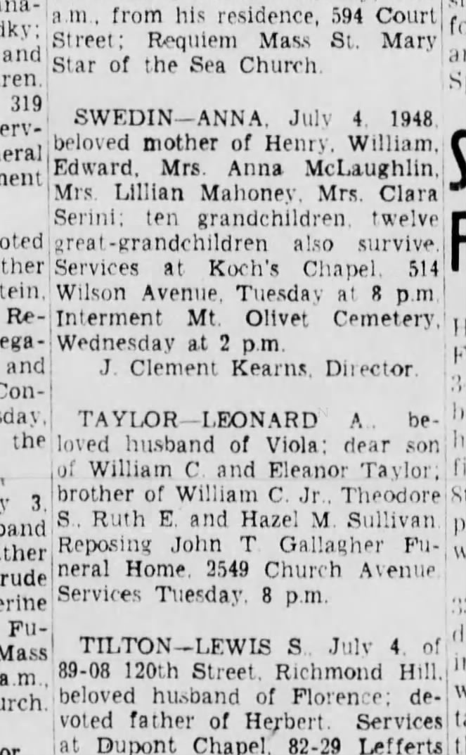 Obituary for Great-Grandmother Anna Swedin
