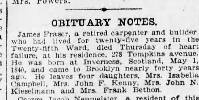 Obituary for James Fraser, 7 Dec 1907; daughter is married to Frank Bethon.