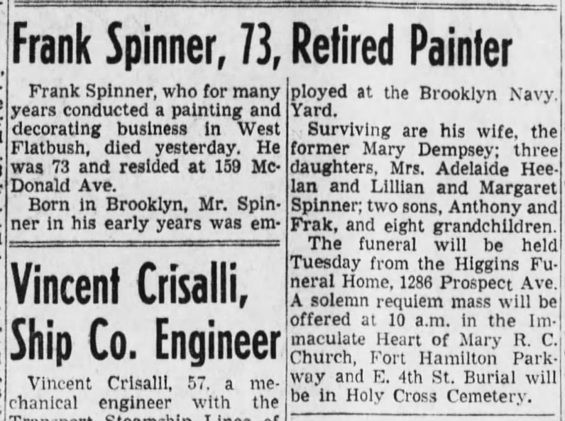 Frank Spinner Obit 30 Jan 1954