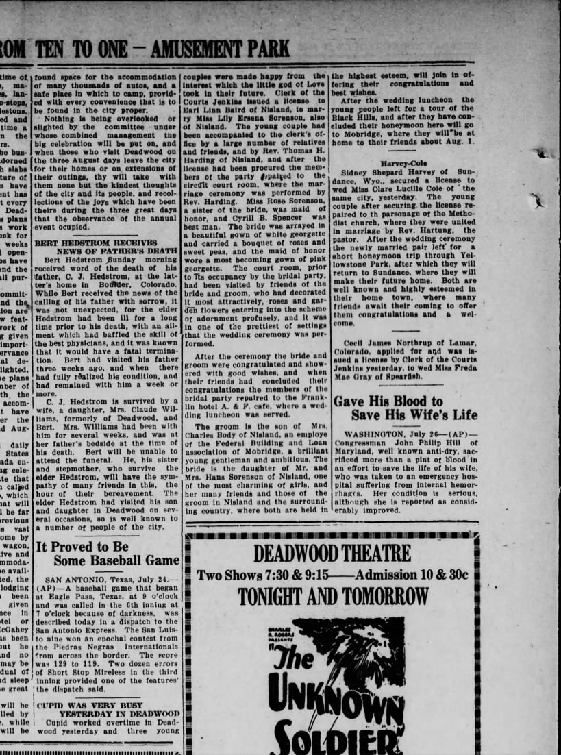 Earl Baird and Lily Sorensen Wedding The Daily Deadwood Pioneer-Times 27 Jul 1929