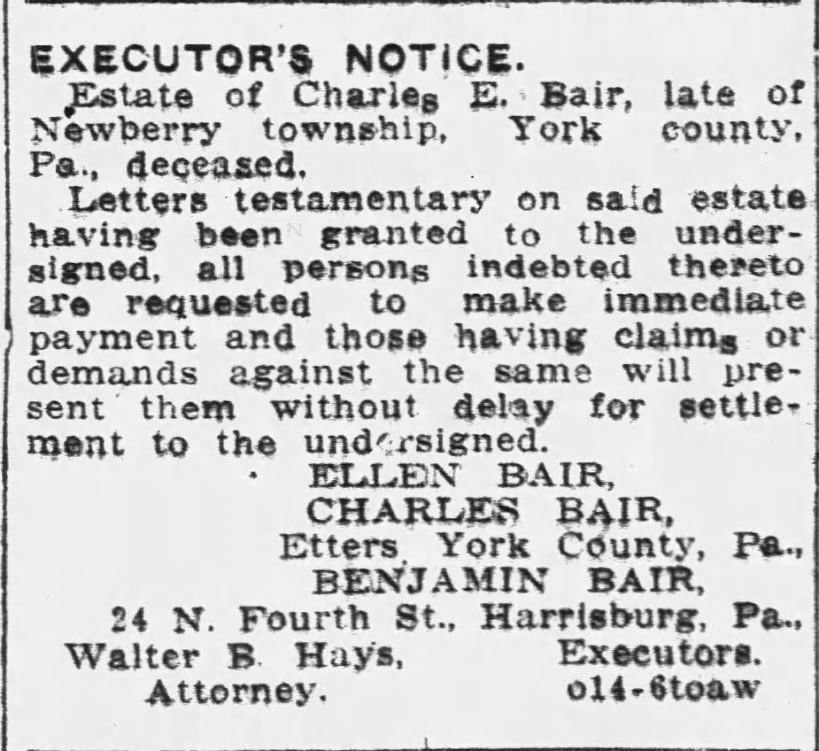 1915-10-14 Executor's notice for C.E. Bair estate