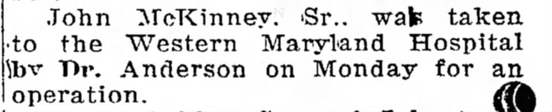John McKinney (d:1920) taken to Western Maryland Hospital Bedford Gazette 08271920