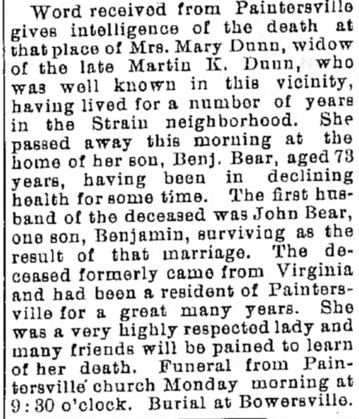 Mary Watson Dunn, Xenia Daily Gazette, 28 Aug 1897