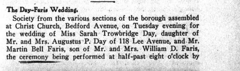 Marriage Notice of Martin Bell Faris and Sarah Trowbridge Day in the 28 February 1914 Brooklyn Life