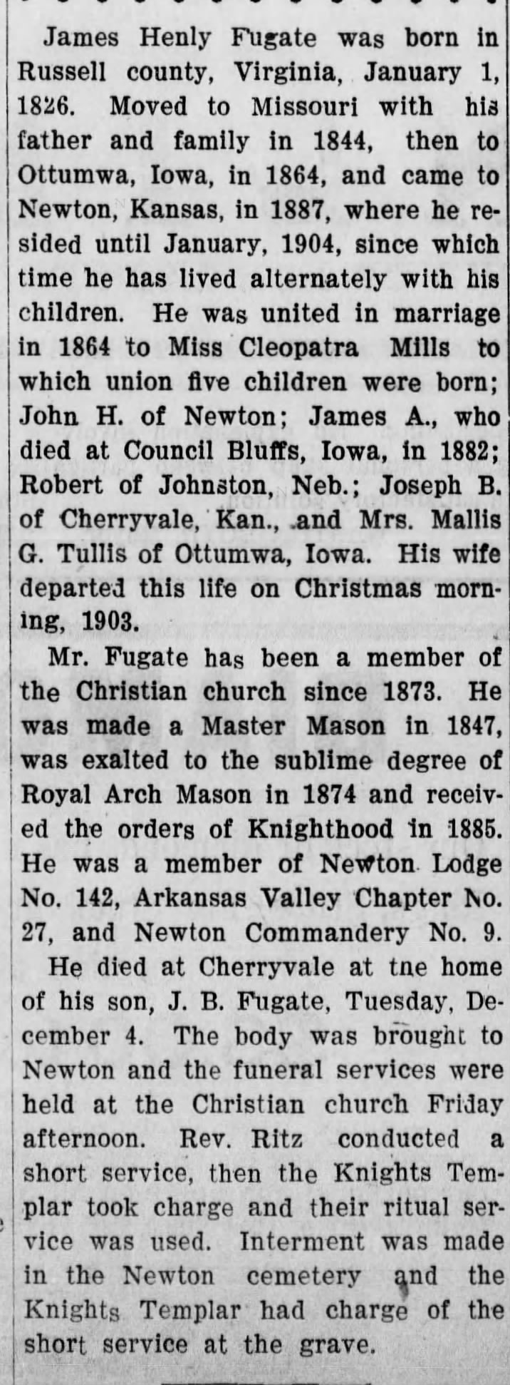 James Henly Fugate Obituary, 1906, Kansas