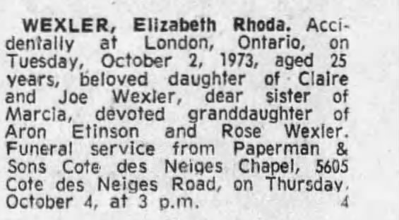 Obituary for Elizabeth Rhsda WEXLER (Aged 25)