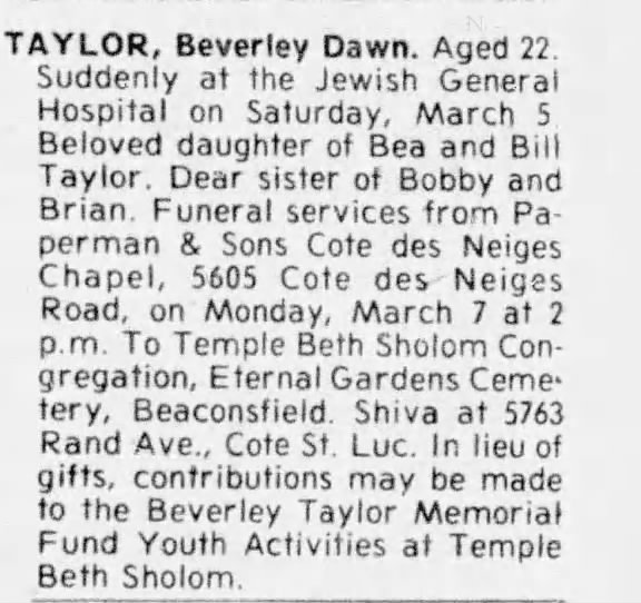 Obituary for Beverley TAYLOR Dawn (Aged 22)
