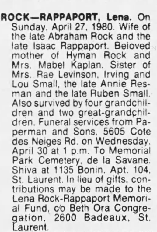 Obituary for Lena ROCK RAPPAPORT