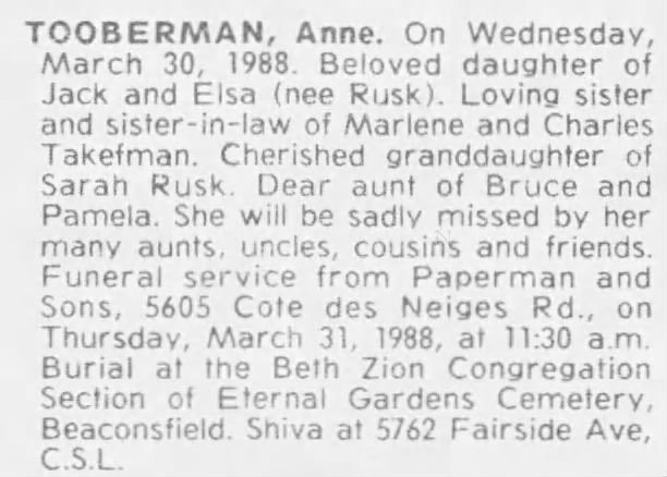 Obituary for Anne TOOBERMAN