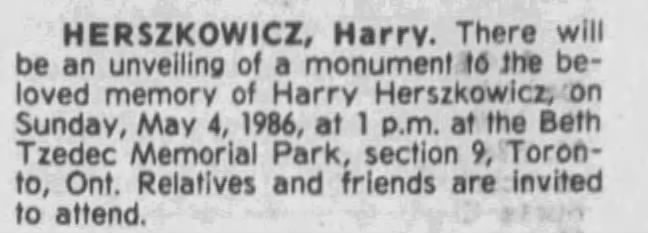 Obituary for Harry HERSZKOWICZ