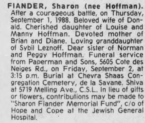 Obituary for Sharon FIANDER