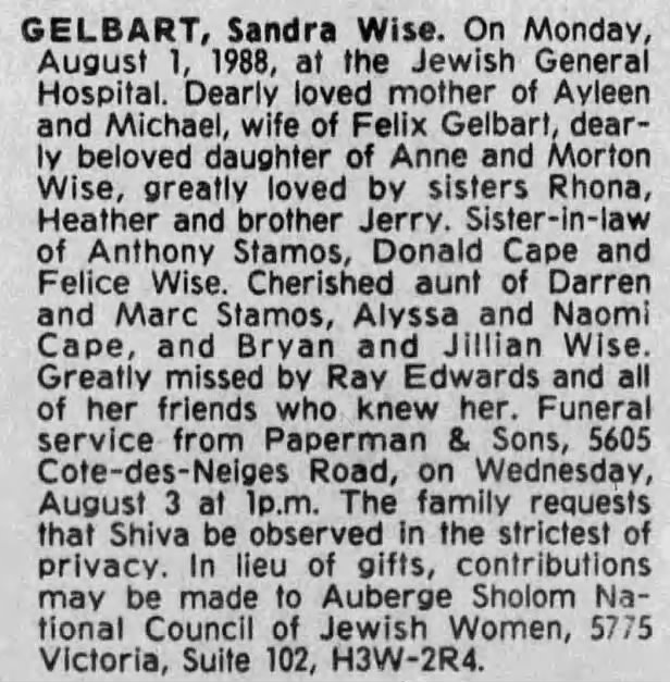 Obituary for Sandra GELBART Wise