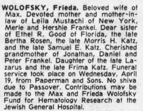 Obituary for Frieda WOLOFSKY