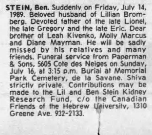 Obituary for Ben STEIN