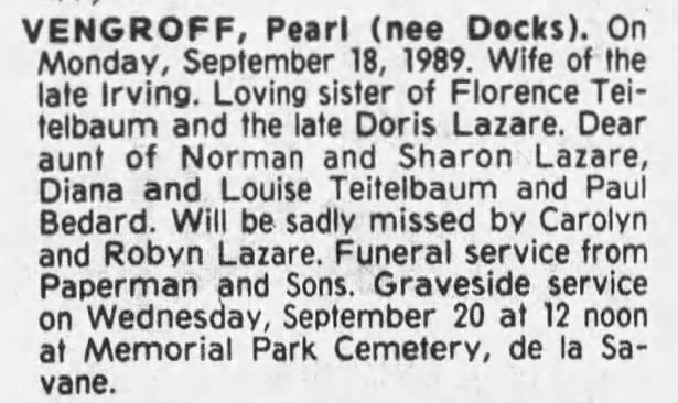Obituary for Pearl VENGROFF