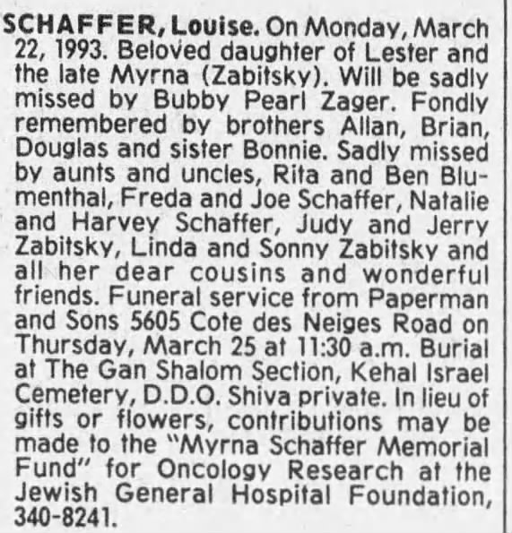 Obituary for Louise SCHAFFER