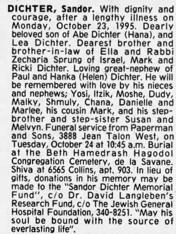 Obituary for Sandor DICHTER