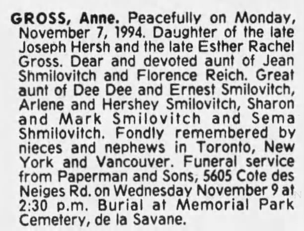 Obituary for Anne GROSS