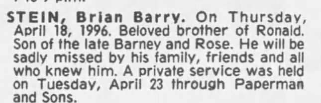 Obituary for Brian Barry STEIN
