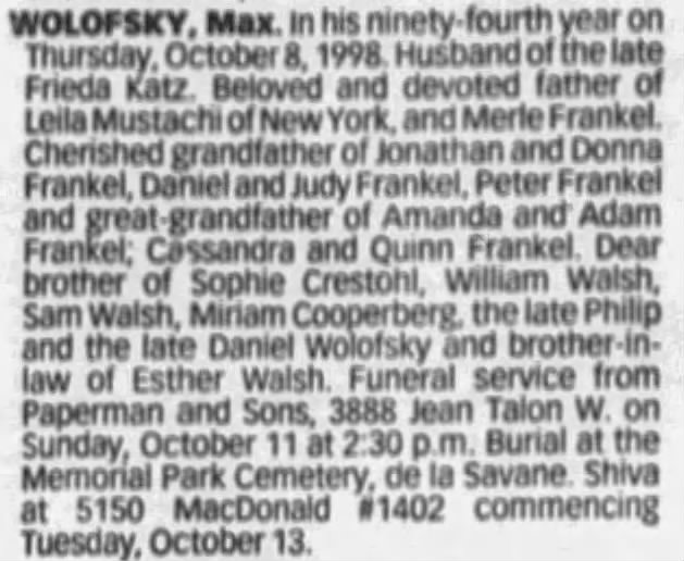 Obituary for Max WOLOFSKY
