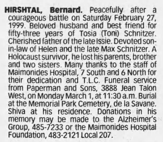 Obituary for Bernard HIRSHTAL