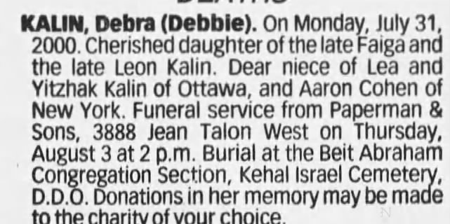 Obituary for Debra KALIN