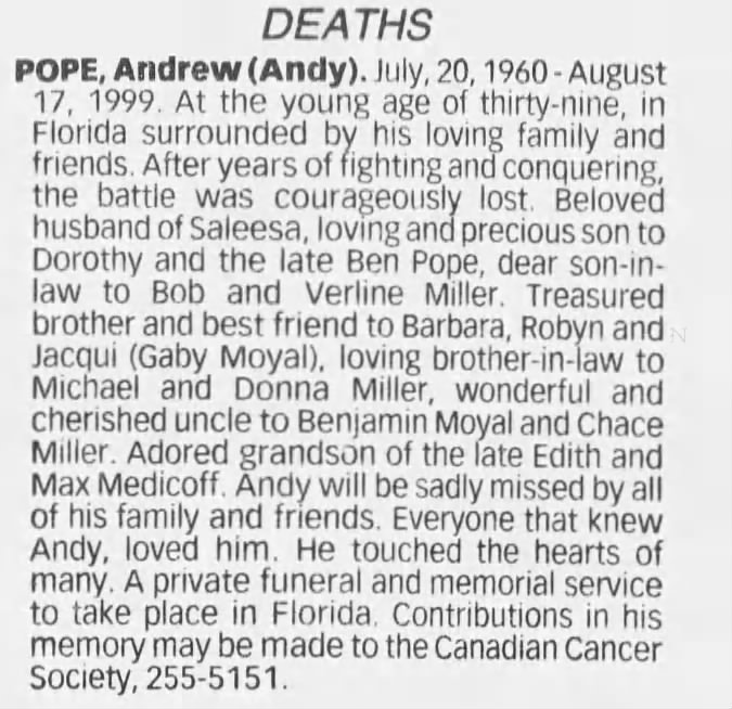 Obituary for Andrew POPE, 1960-1999