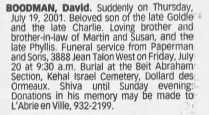 Obituary for David BOODMAN
