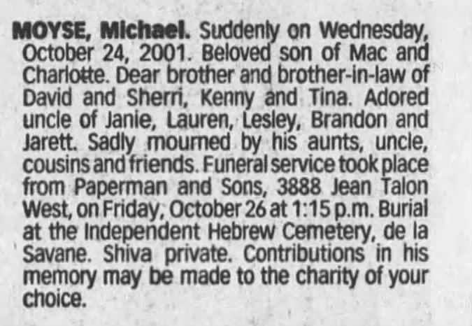 Obituary for Michael MOYSE