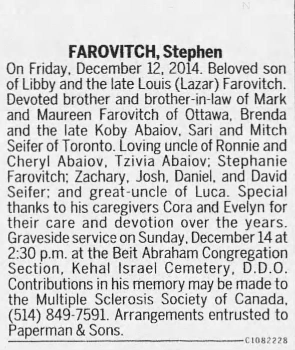 Obituary for Stephen FAROVITCH