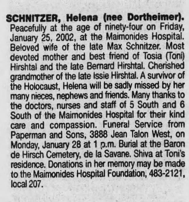 Obituary for Helena SCHNITZER