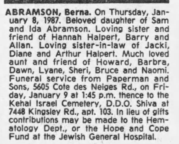 Obituary for Berna ABRAMSON