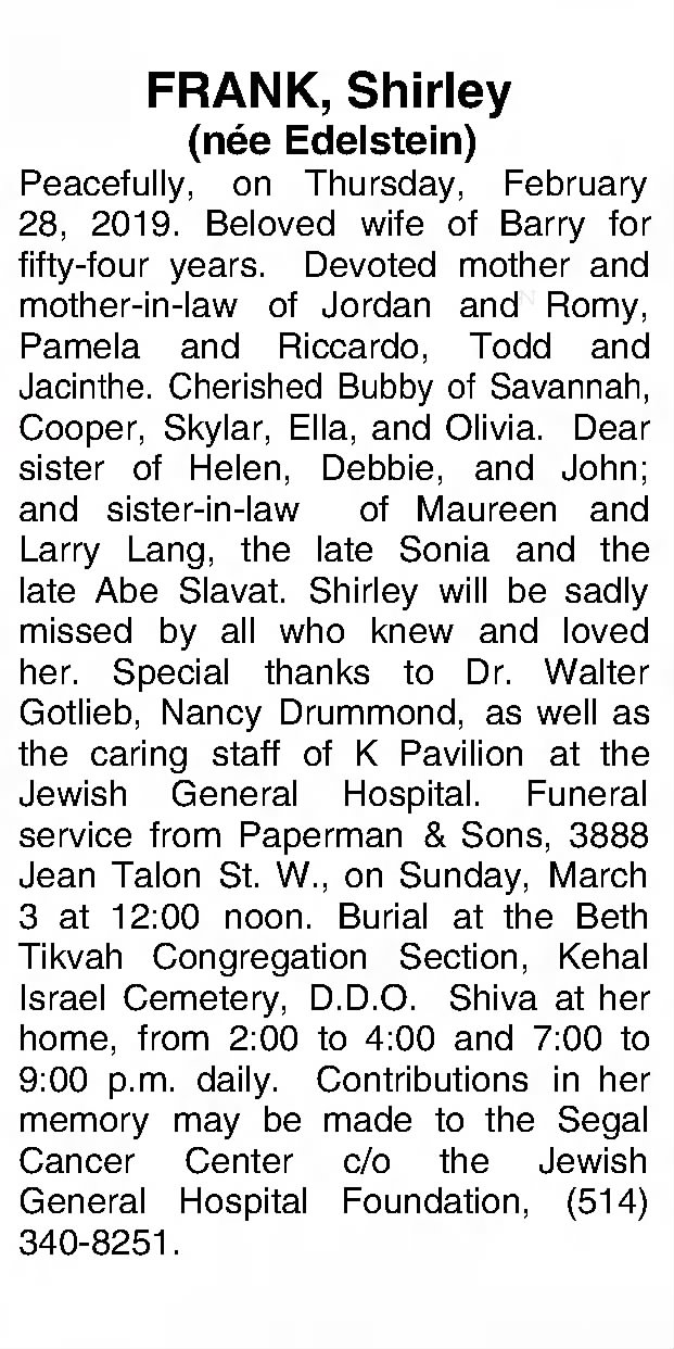 Obituary for Shirley FRANK