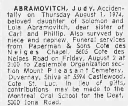 Obituary for Judy ABRAMOVITCH