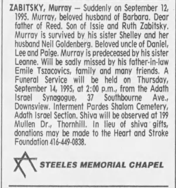 Obituary for  ZABITSKY Murray