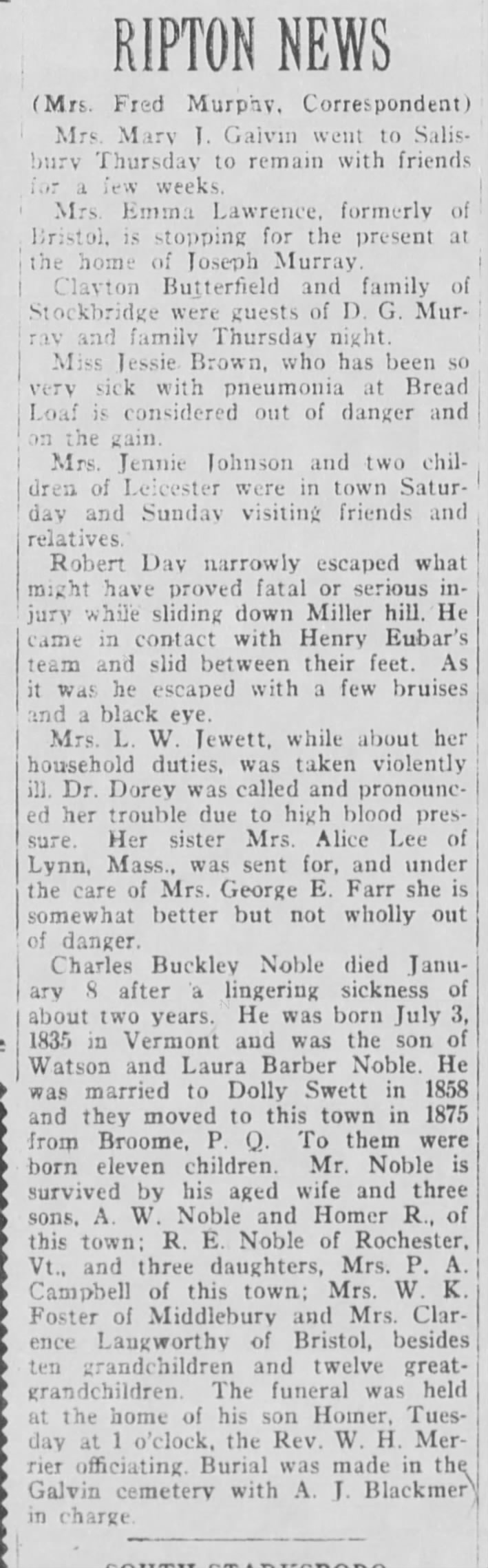 Middlebury Register 14 Jan 1921, p 5 col 3, death notice Charles Buckley Noble