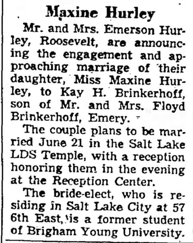 1958 Kay & Maxine Brinkerhoff Wedding Announcement