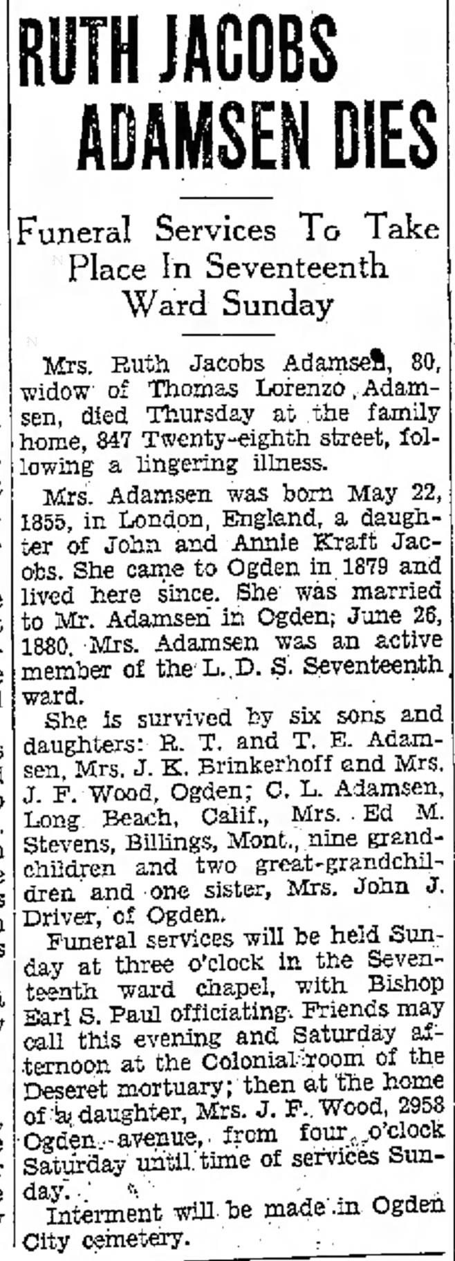 29 Nov 1935 Ruth Jacobs Adamsen Dies, Mrs. J.K. Brinkerhoff