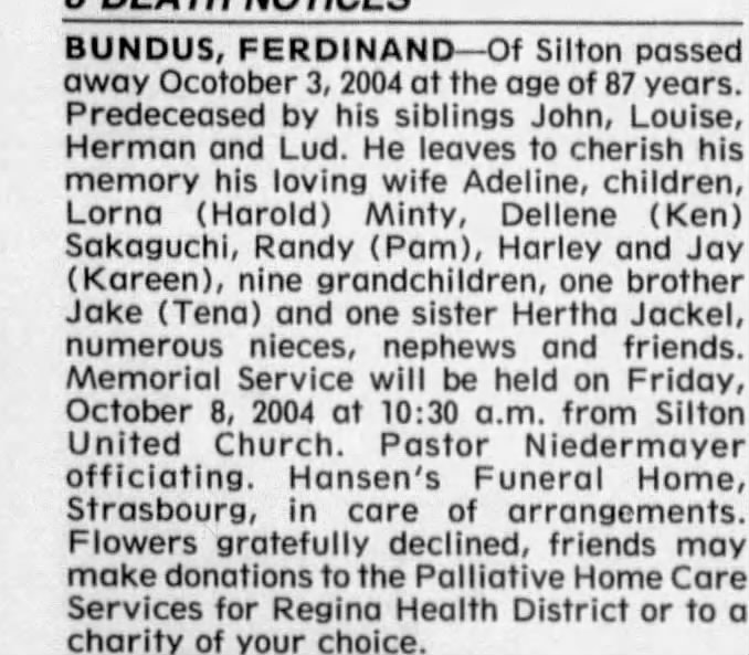 Obituary for FERDINAND BUNDUS (Aged 87)