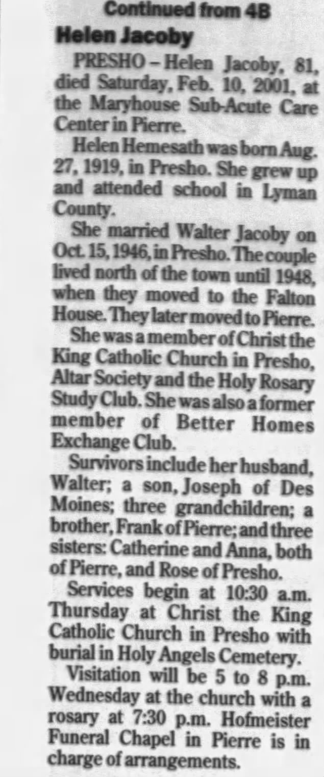 Obituary for Helen Jacoby, 1919-2001