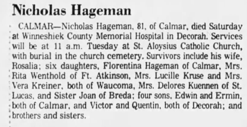 Obituary for Nicholas Hageman (Aged 81)