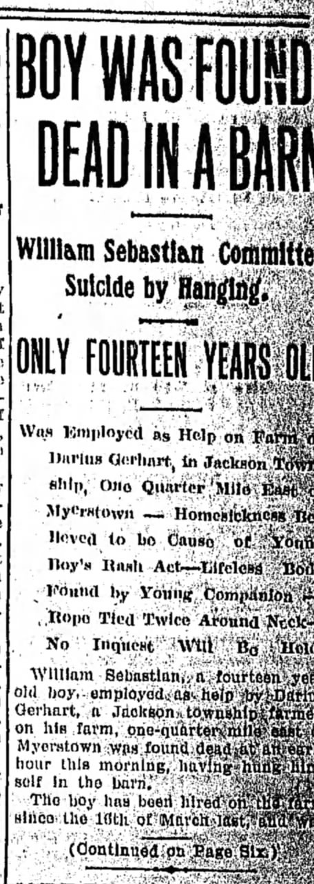 1906-07-14 - William Sebastian - Lebanon Daily News p 1 Col 7 - Suicide Part 1